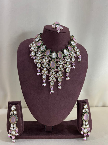 Paachi Kundan Necklace Set With Tika - Pink Kundan