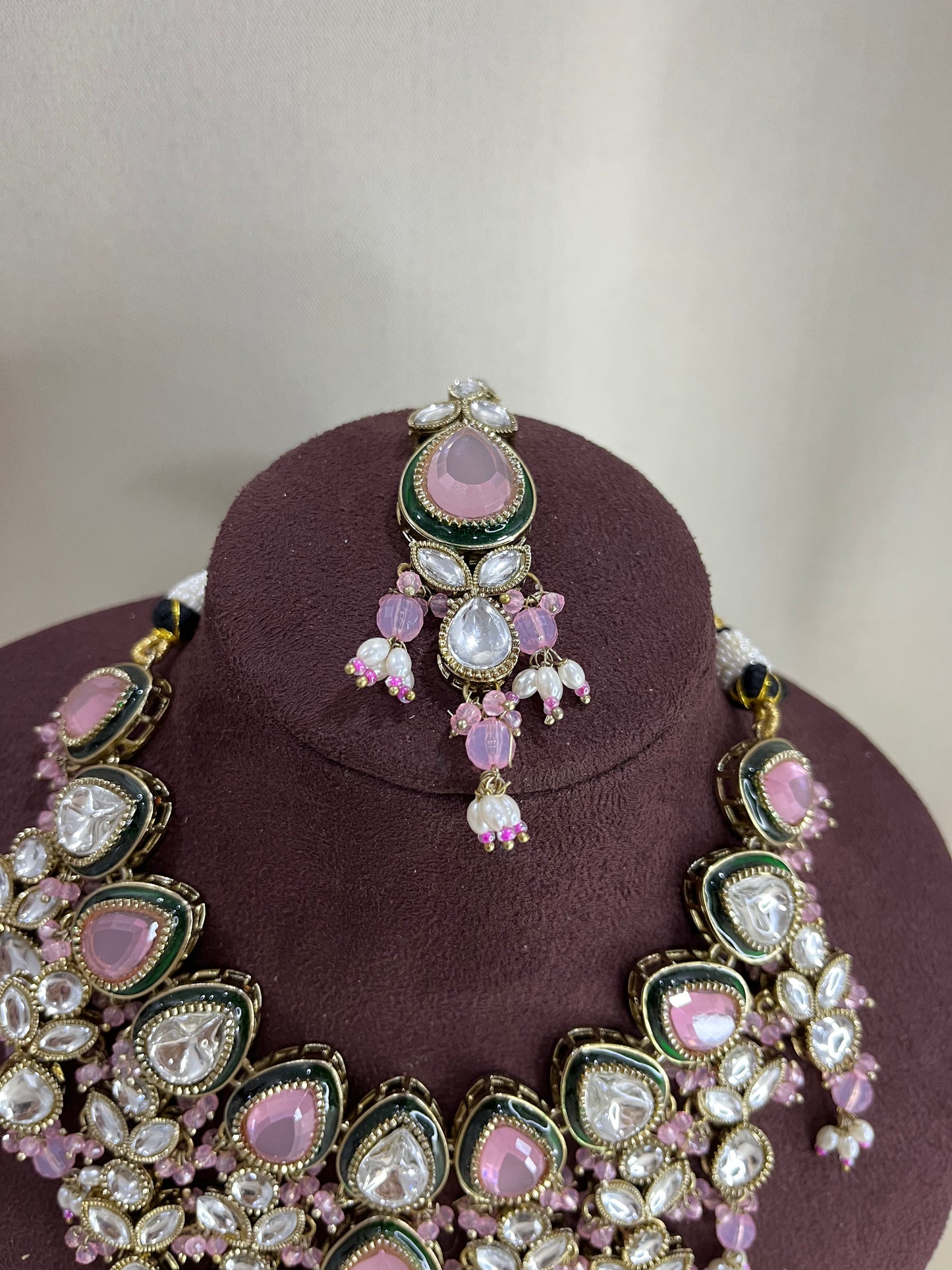 Paachi Kundan Necklace Set With Tika - Pink Kundan