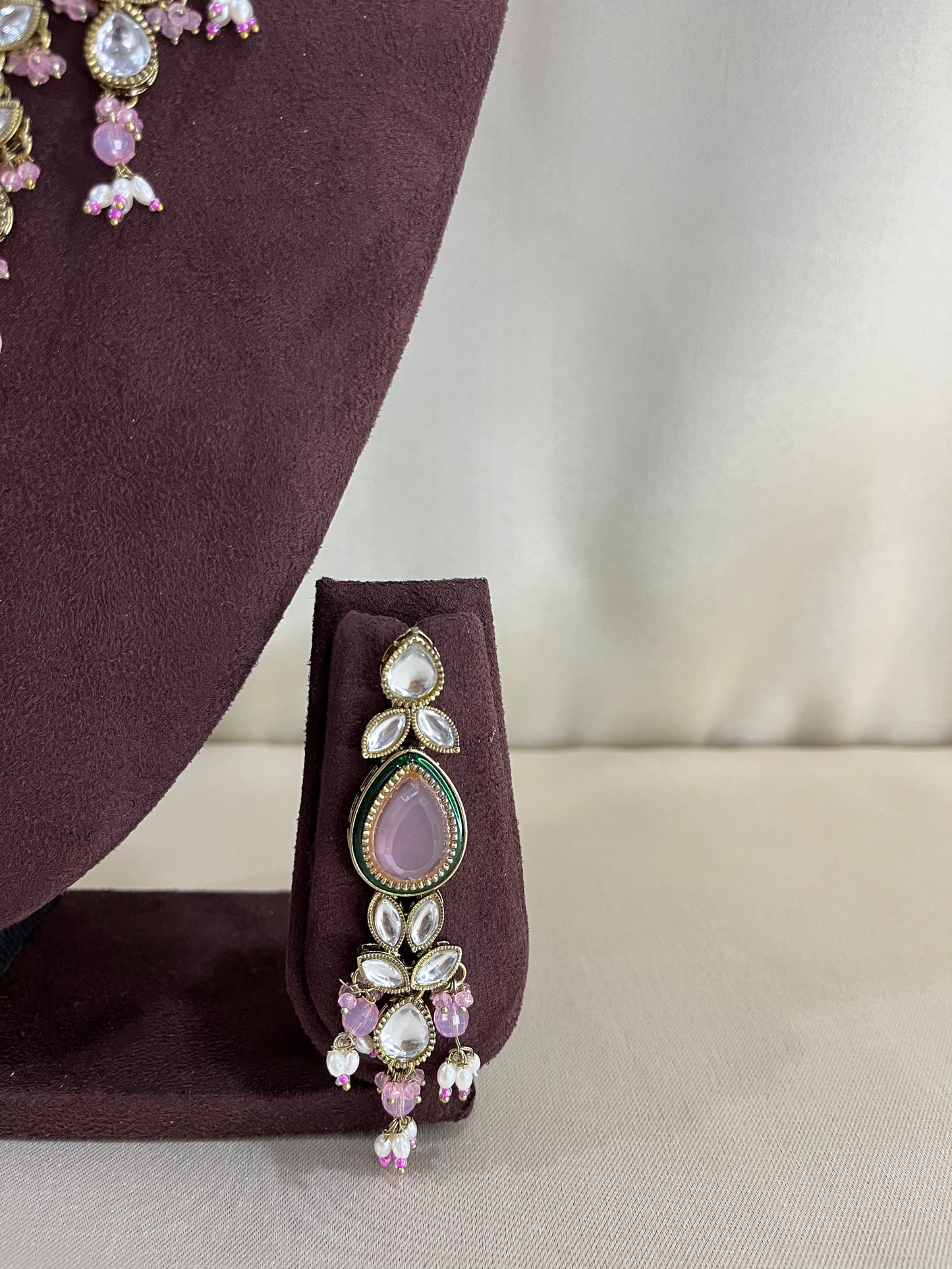 Paachi Kundan Necklace Set With Tika - Pink Kundan