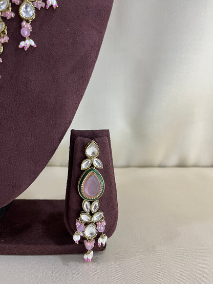 Paachi Kundan Necklace Set With Tika - Pink Kundan