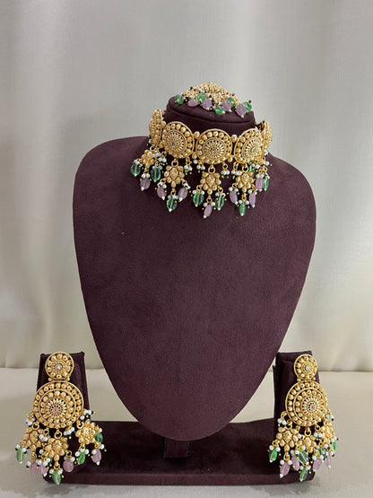 Heritage Rajwadi Choker Set With Tika - Ruby Pink