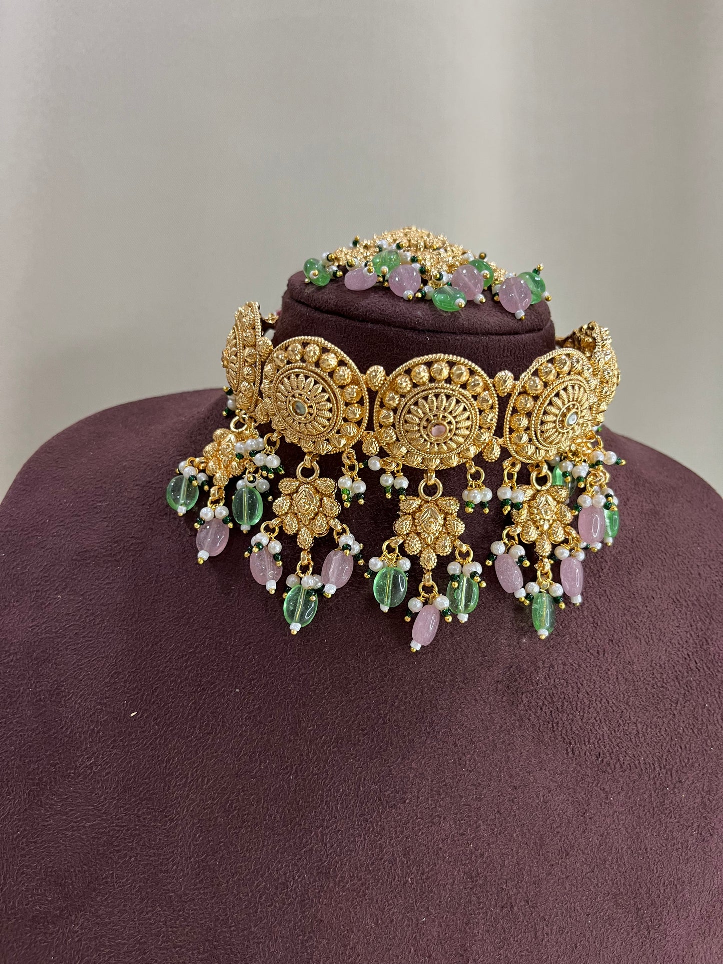 Heritage Rajwadi Choker Set With Tika - Ruby Pink