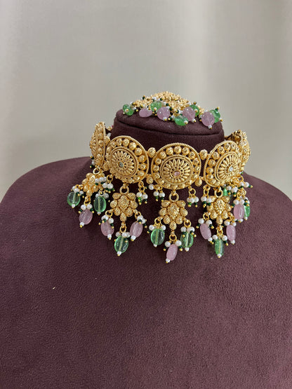 Heritage Rajwadi Choker Set With Tika - Ruby Pink