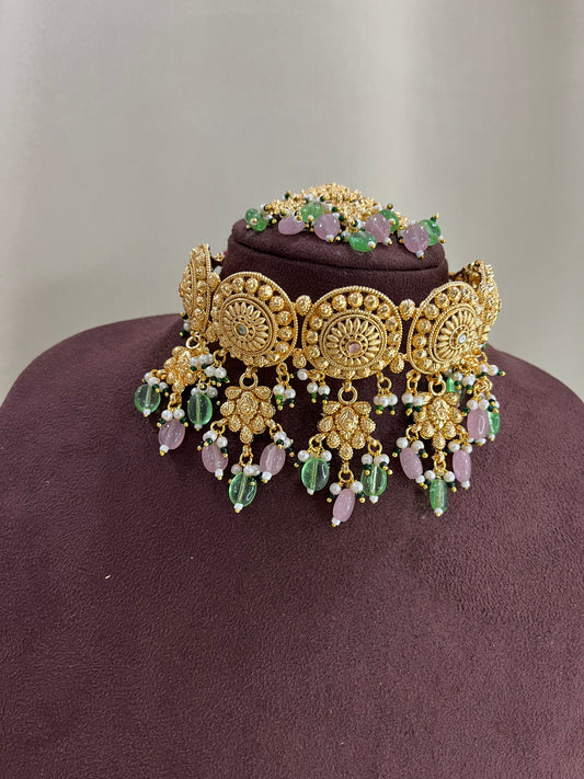 Heritage Rajwadi Choker Set With Tika - Ruby Pink