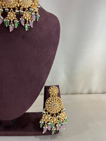 Heritage Rajwadi Choker Set With Tika - Ruby Pink