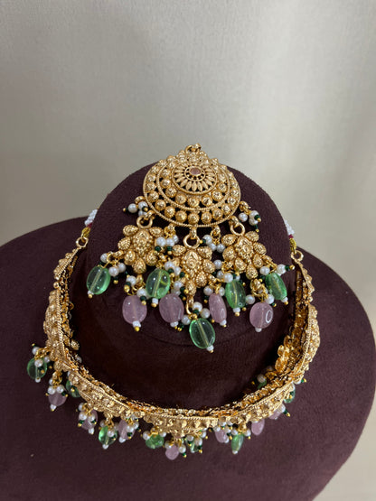 Heritage Rajwadi Choker Set With Tika - Ruby Pink