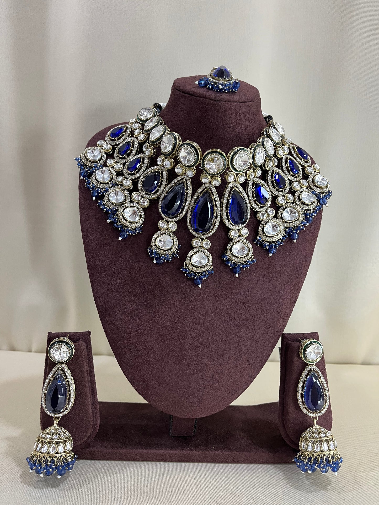 Royal Blue Semi Bridal Necklace Set - Royal Blue