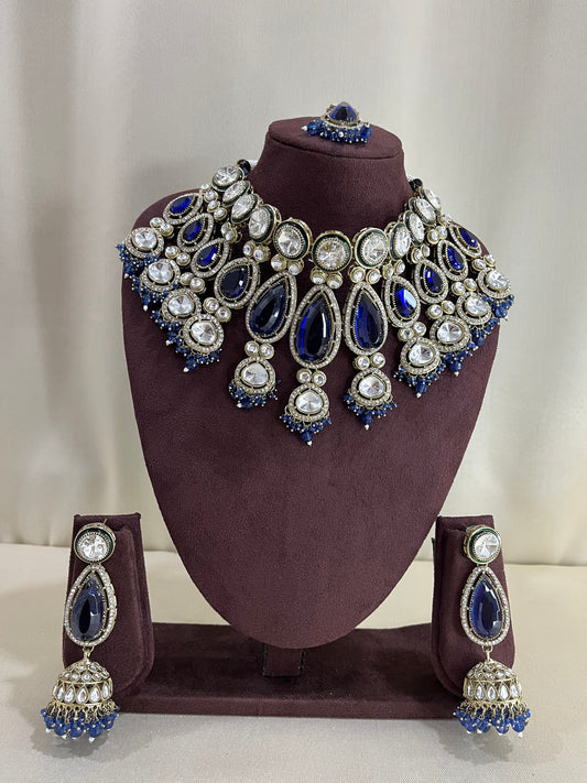Royal Blue Semi Bridal Necklace Set - Royal Blue