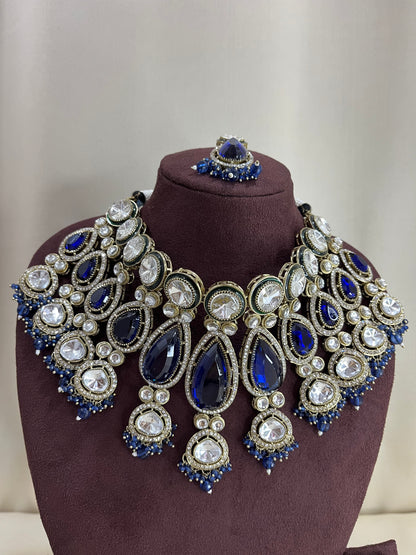 Royal Blue Semi Bridal Necklace Set - Royal Blue