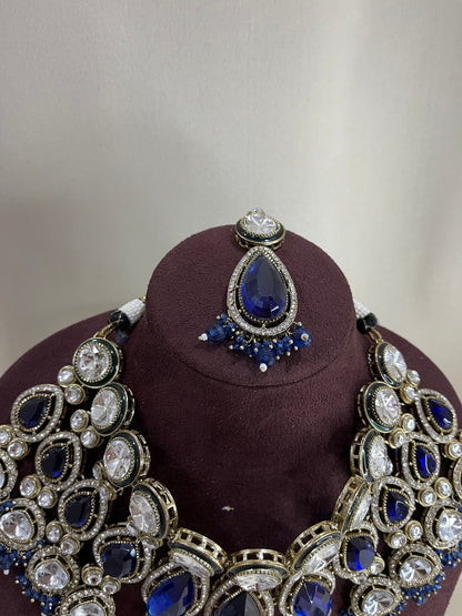 Royal Blue Semi Bridal Necklace Set - Royal Blue
