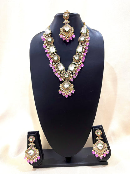 Kundan Necklace Set - Purple Beads