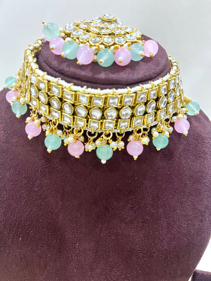Kundan Necklace Choker Set - Pink & Mint