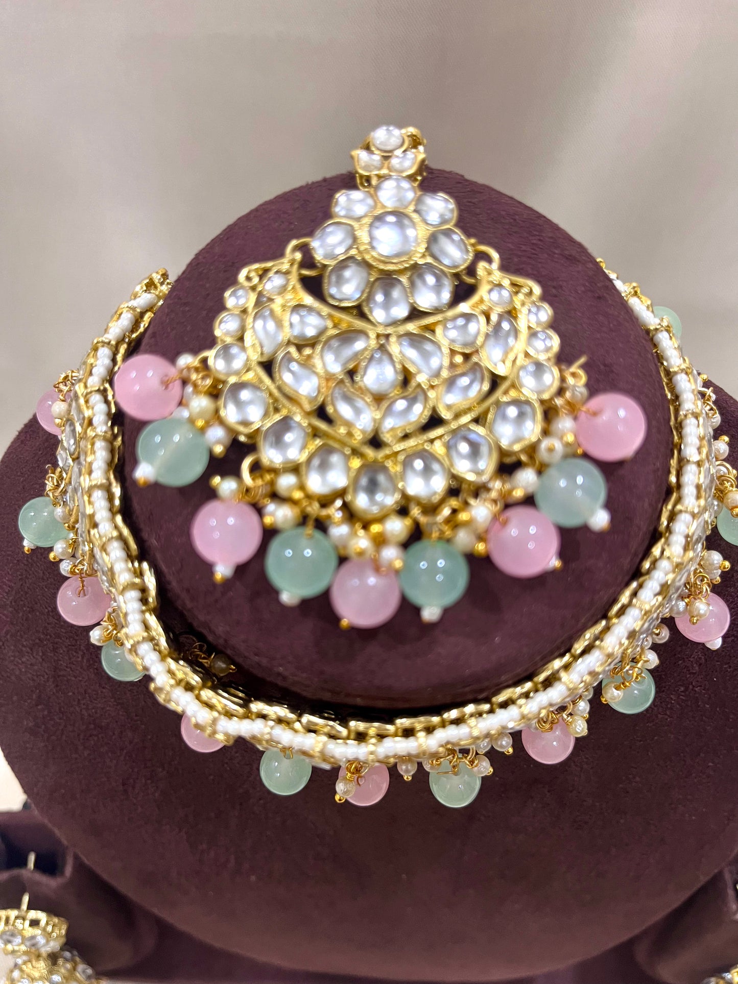 Kundan Necklace Choker Set - Pink & Mint