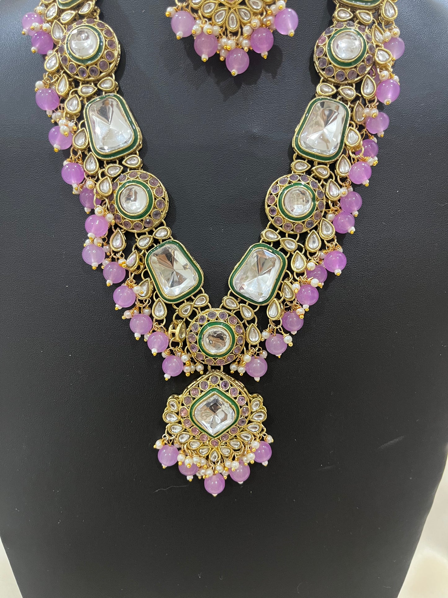 Kundan Necklace Set - Purple Beads