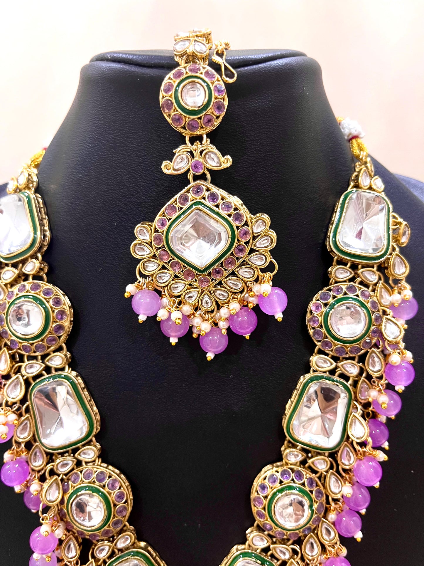 Kundan Necklace Set - Purple Beads