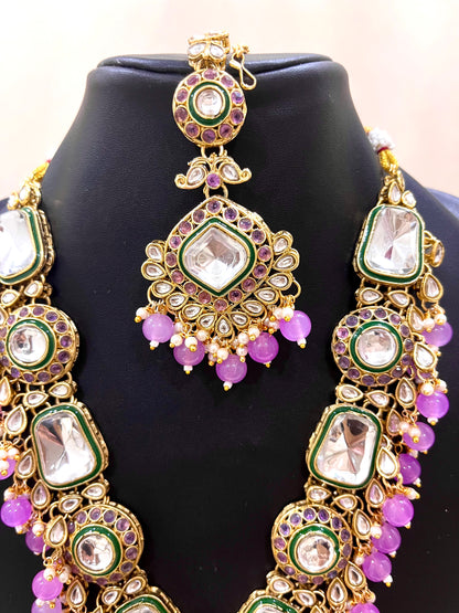 Kundan Necklace Set - Purple Beads