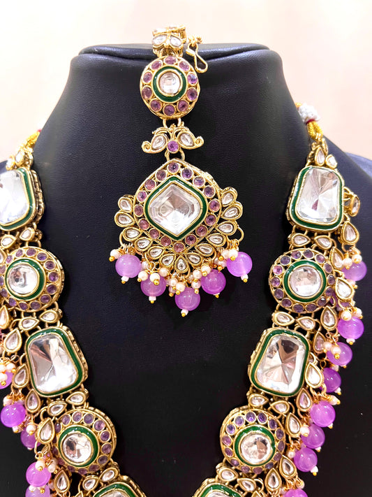 Kundan Necklace Set - Purple Beads