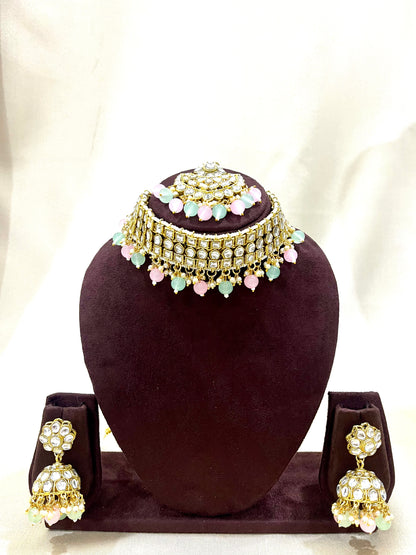 Kundan Necklace Choker Set - Pink & Mint
