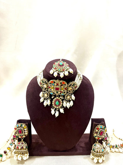 AD Necklace Choker Set With Chain Earings - Multi Color