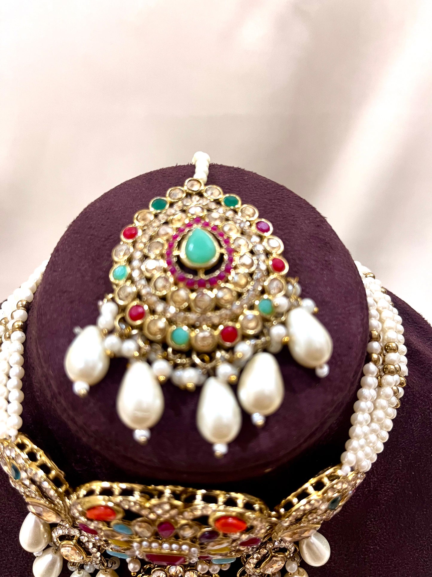 AD Necklace Choker Set With Chain Earings - Multi Color