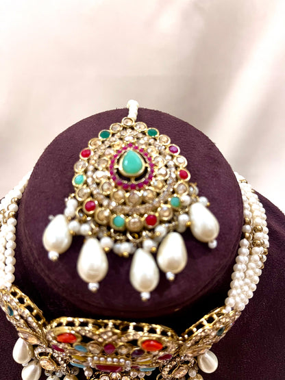 AD Necklace Choker Set With Chain Earings - Multi Color