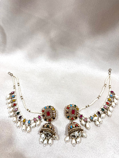 AD Necklace Choker Set With Chain Earings - Multi Color