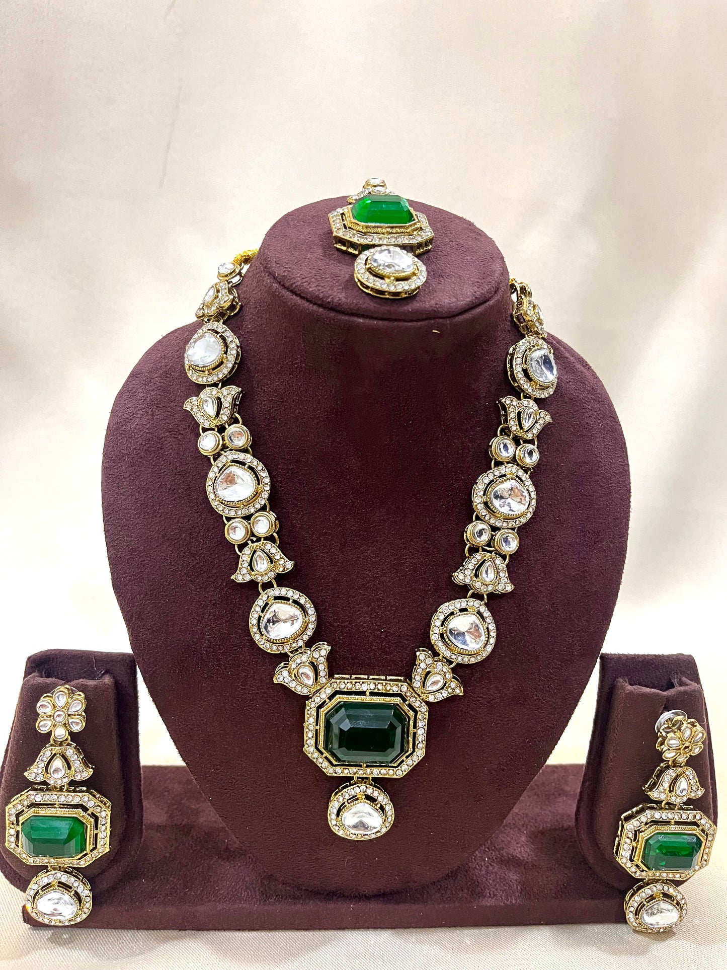 Kundan Necklace Set - Green Dublet