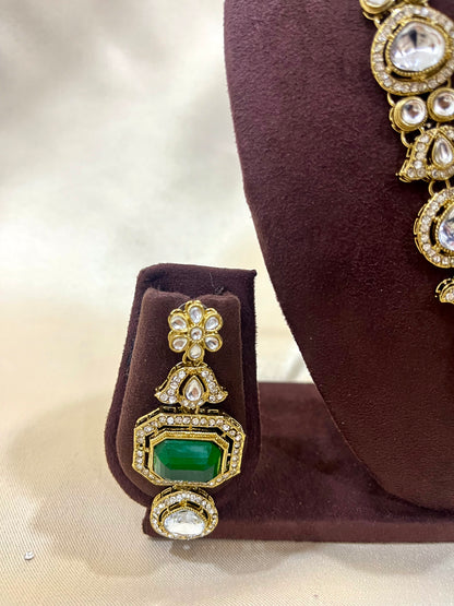 Kundan Necklace Set - Green Dublet