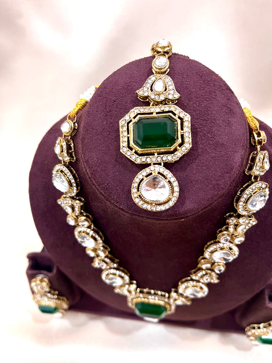 Kundan Necklace Set - Green Dublet
