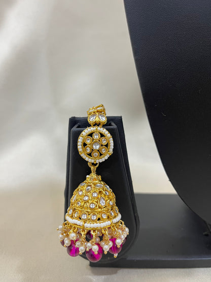 V Neck Kundan Semi Bridal Set - Rani Pink
