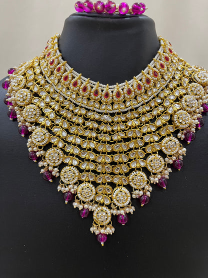 V Neck Kundan Semi Bridal Set - Rani Pink