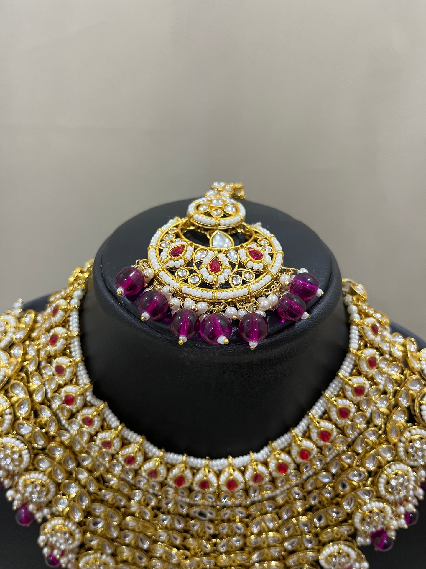 V Neck Kundan Semi Bridal Set - Rani Pink