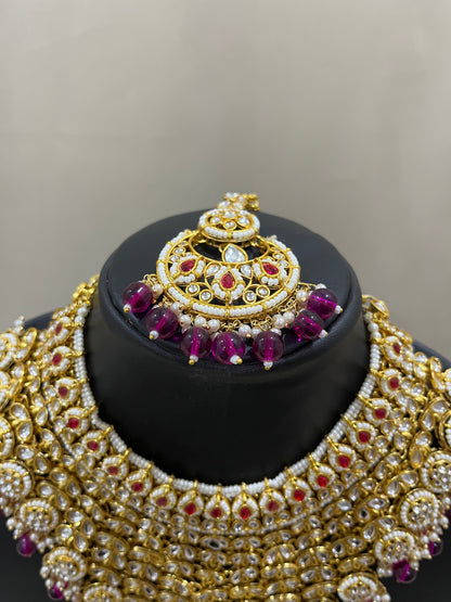 V Neck Kundan Semi Bridal Set - Rani Pink