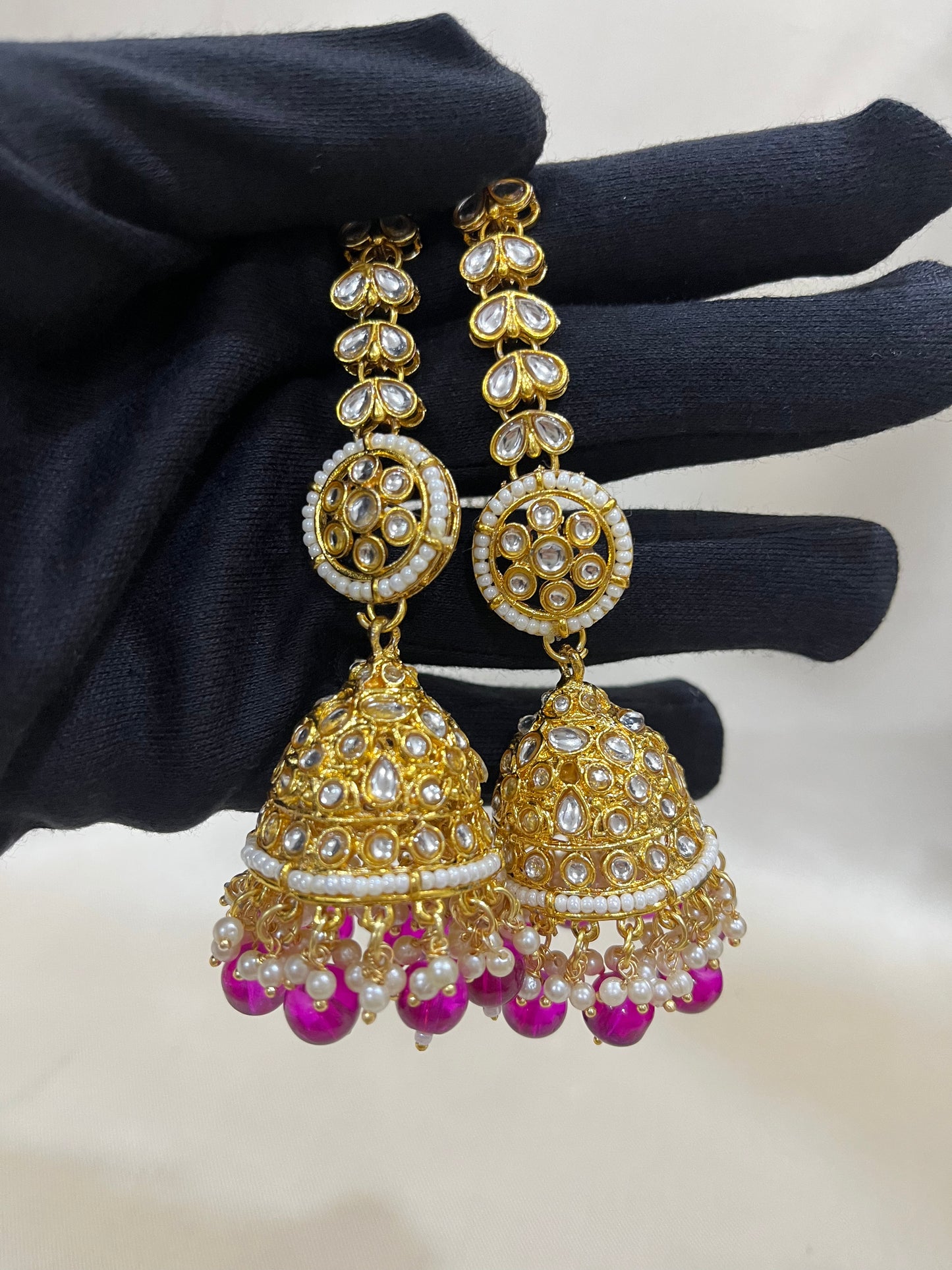 V Neck Kundan Semi Bridal Set - Rani Pink