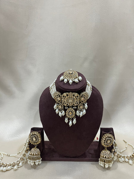 AD Necklace Set With Chain Earings - Pearl