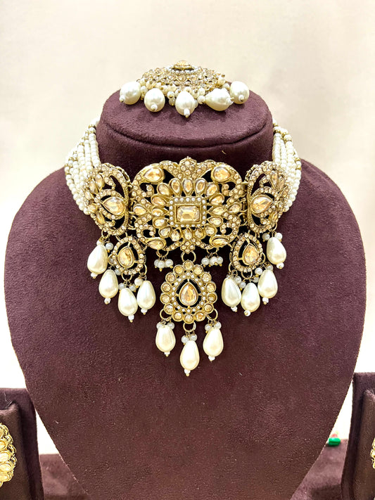 AD Necklace Set With Chain Earings - Pearl