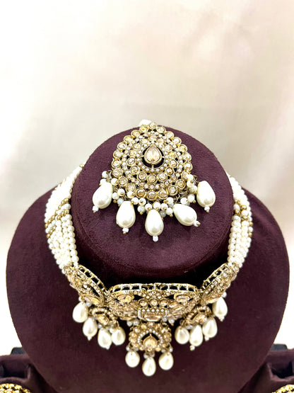 AD Necklace Set With Chain Earings - Pearl