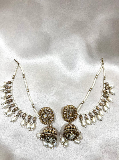 AD Necklace Set With Chain Earings - Pearl