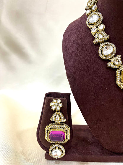 Kundan Necklace Set - Purple Dublet