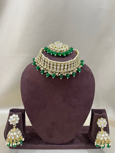 Kundan Necklace Choker Set - Bottle Green
