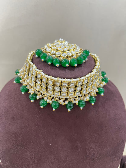 Kundan Necklace Choker Set - Bottle Green