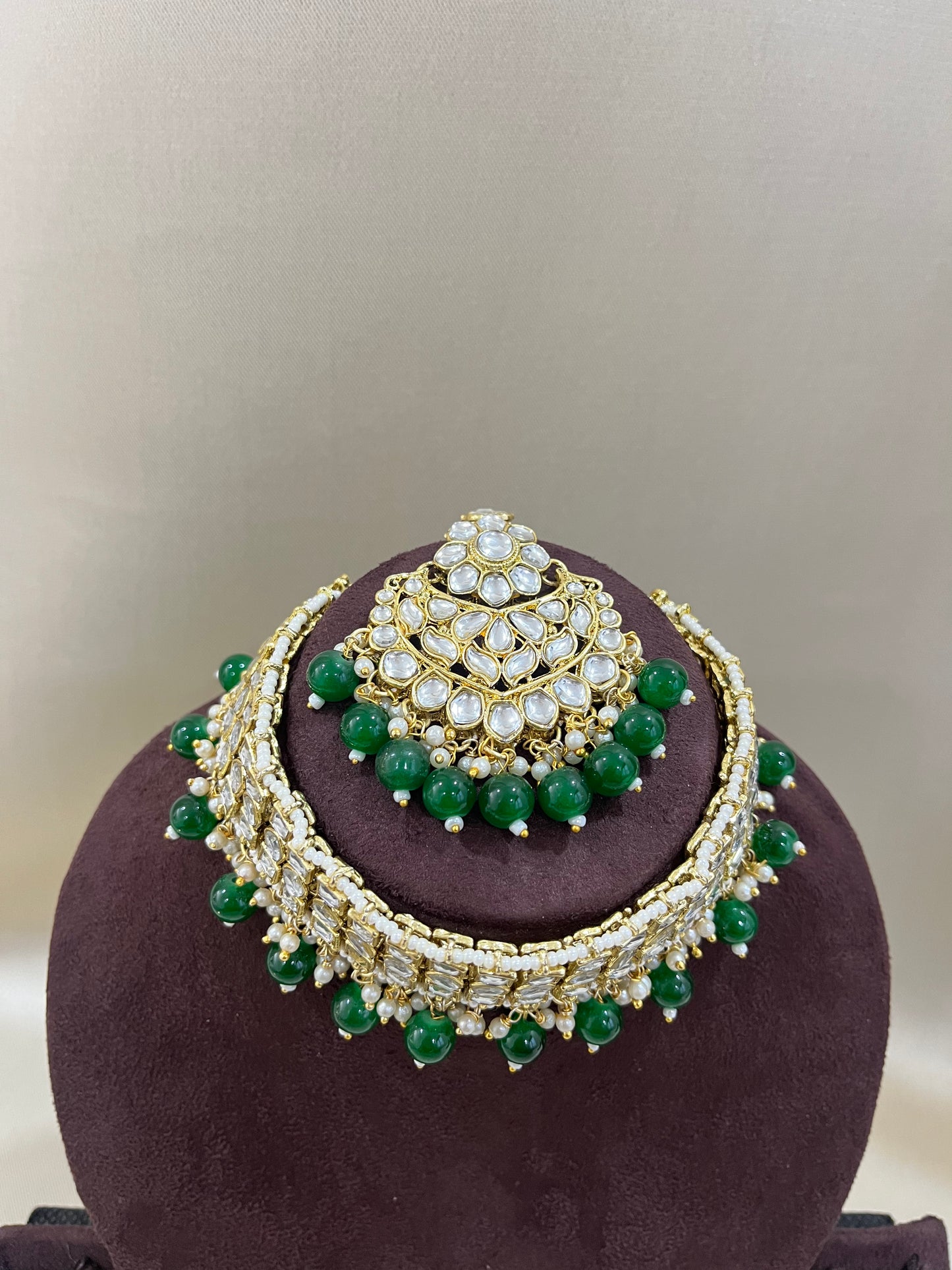 Kundan Necklace Choker Set - Bottle Green