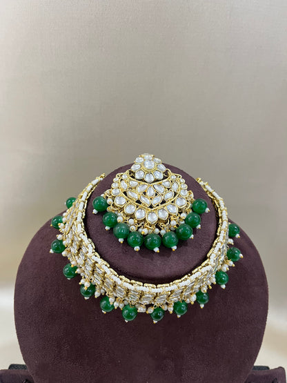 Kundan Necklace Choker Set - Bottle Green