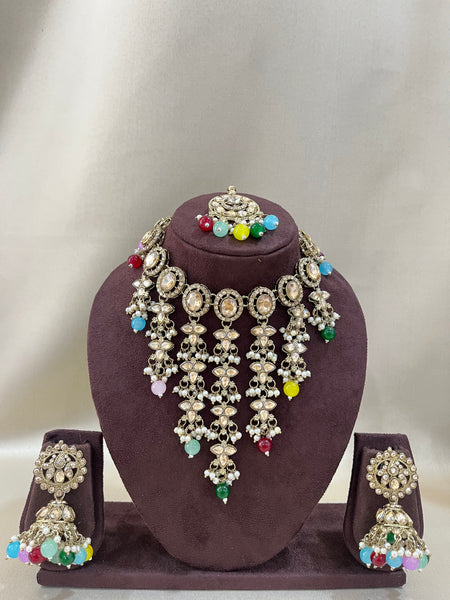 Kundan Necklace V Necklace Set - Multi Color