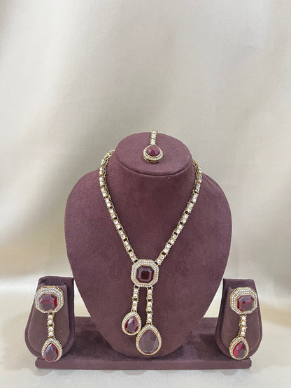 Delicate Kundan Necklace Set - Ruby Red