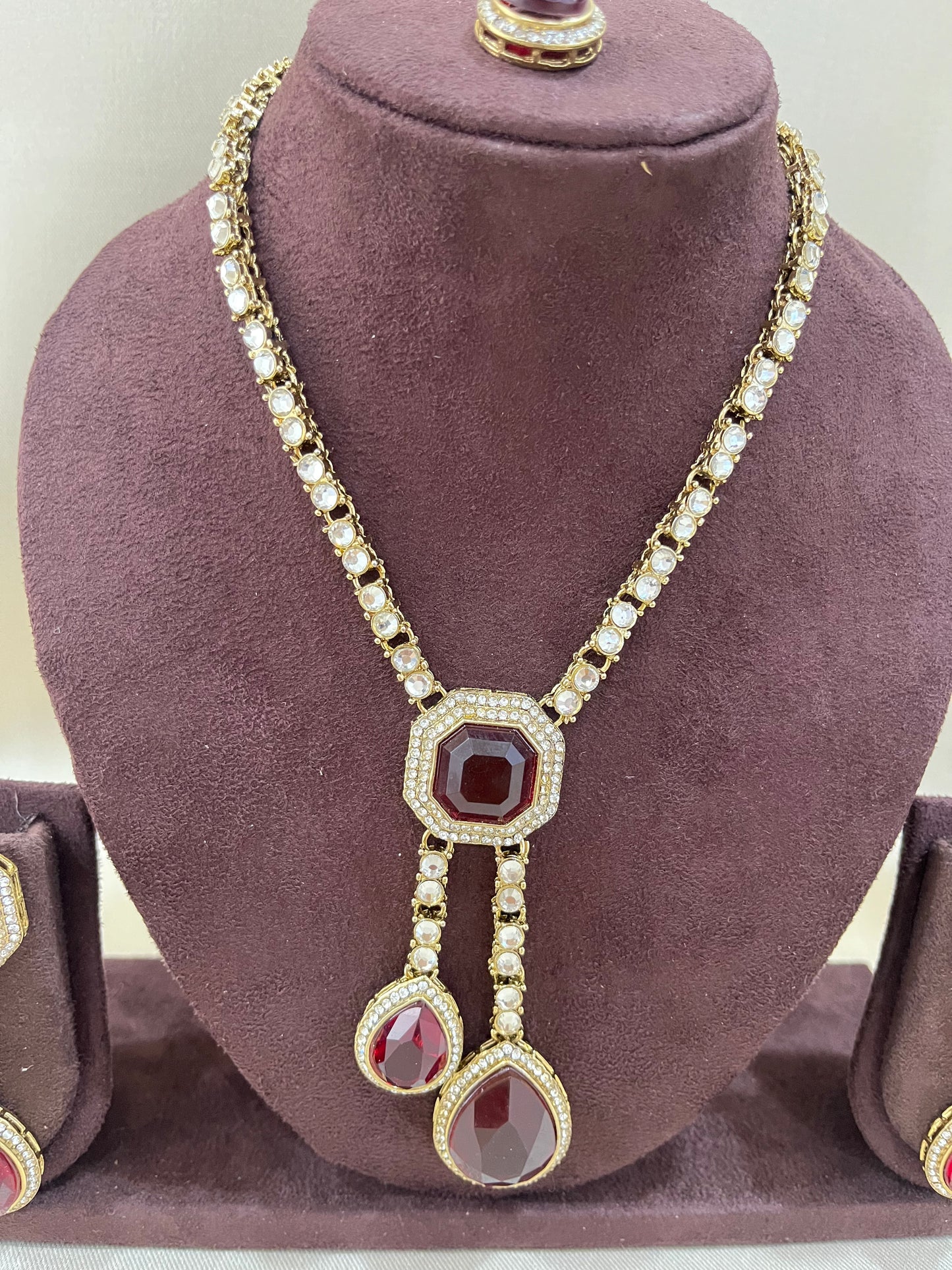 Delicate Kundan Necklace Set - Ruby Red