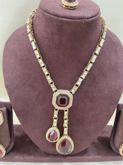 Delicate Kundan Necklace Set - Ruby Red