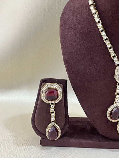 Delicate Kundan Necklace Set - Ruby Red