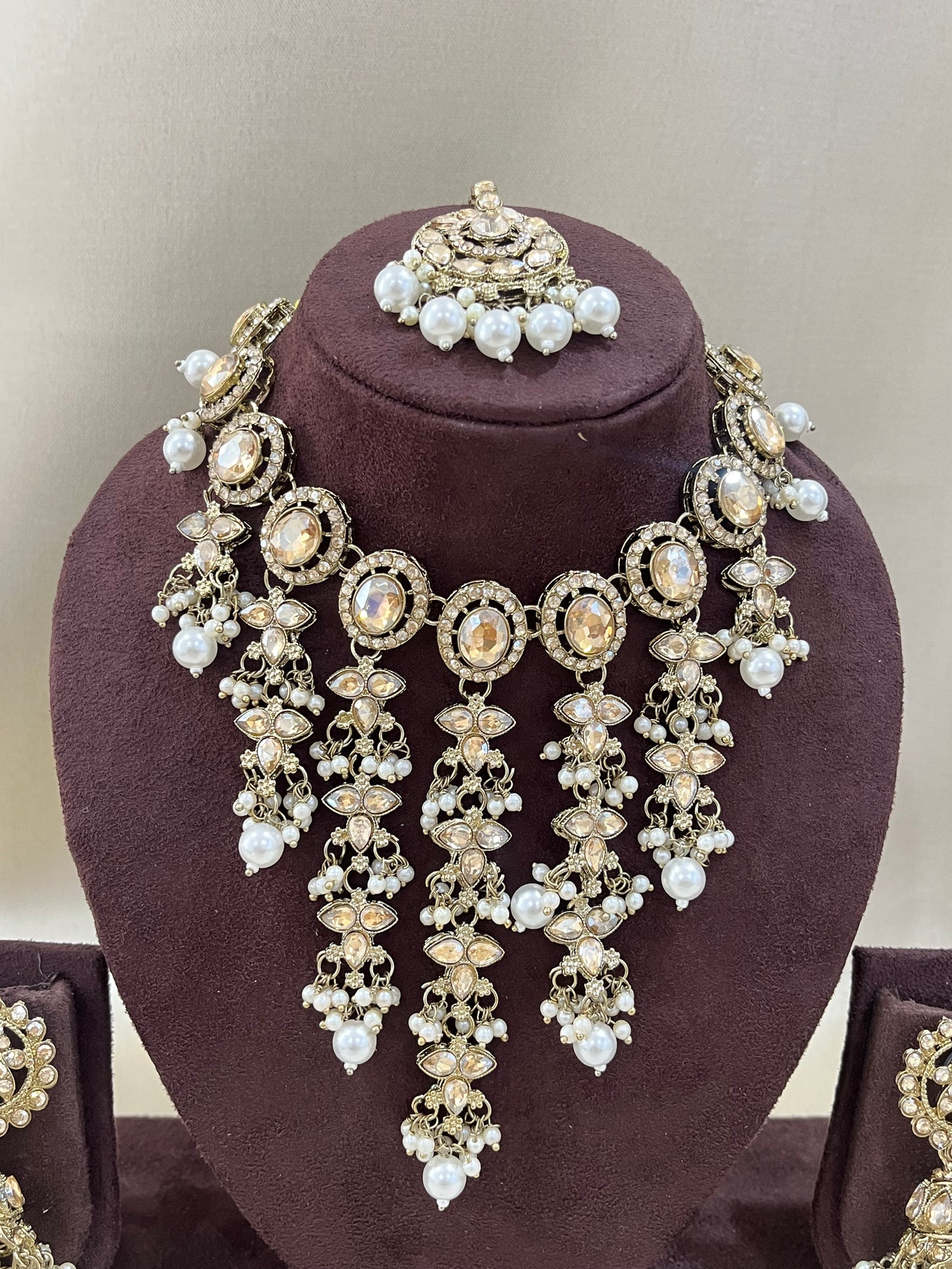 Kundan Necklace V Neck Set - Pearl White