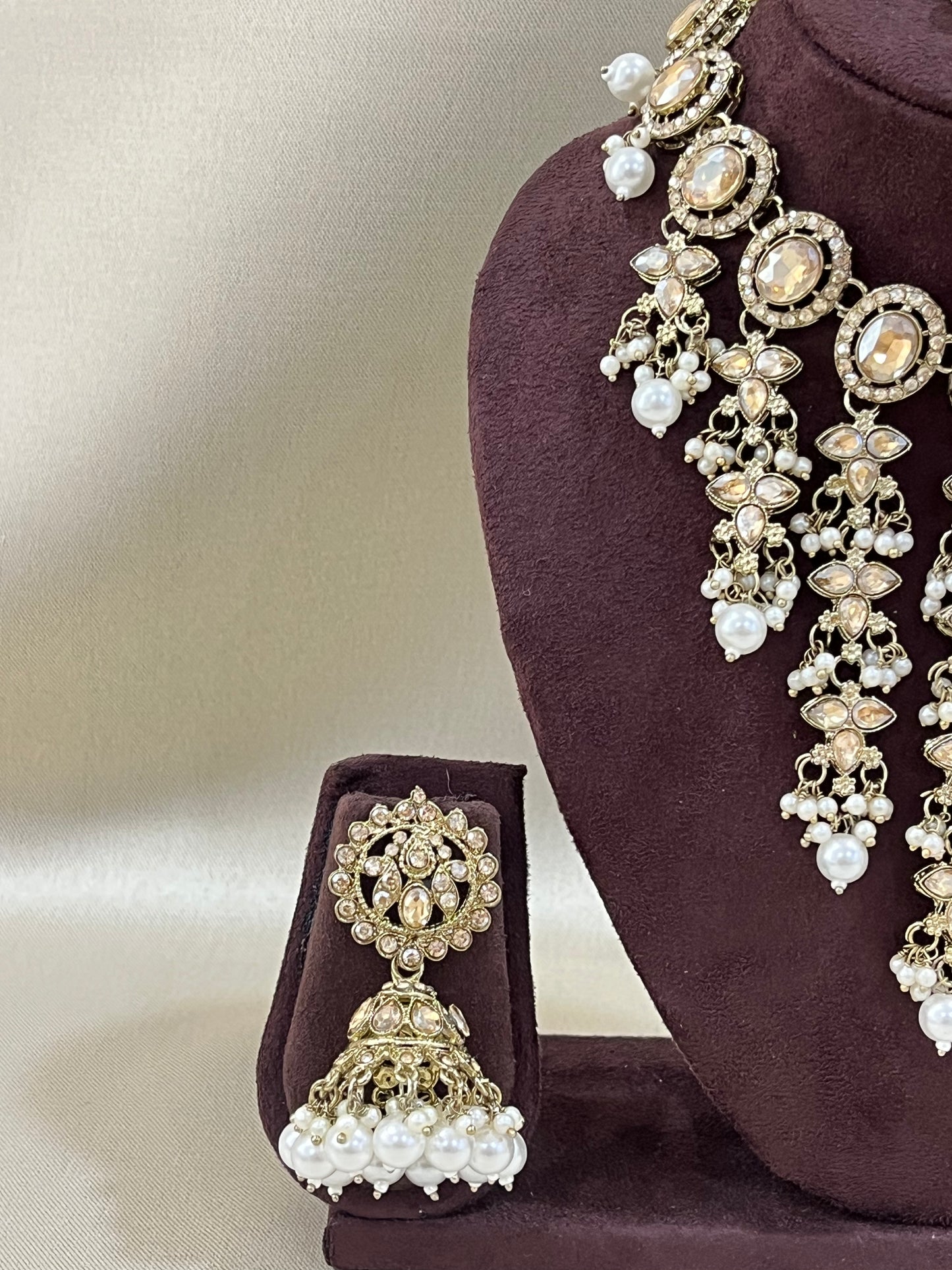Kundan Necklace V Neck Set - Pearl White